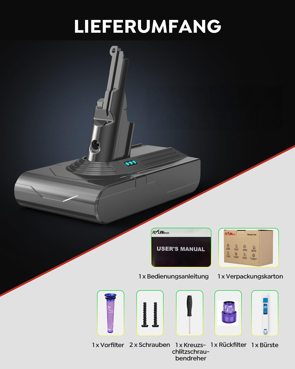 FLYLINKTECH Ersatz Batterie Sesrie Vakuumreiniger V8-6000mAh für SV10 Absolute Animal Fluffy Animal Exclusive Trigger 967834 05 Staubsauger mit 2*Filtern Reinigungsbürste Schraubendreher 3*Schrauben