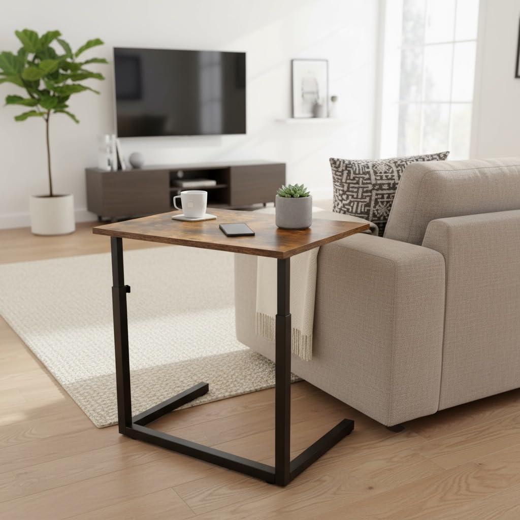 Mesa Auxiliar C en C de Sofá Ajustable en Altura, Mesa para Portátil para Sofá y Cama, Marrón Rústico