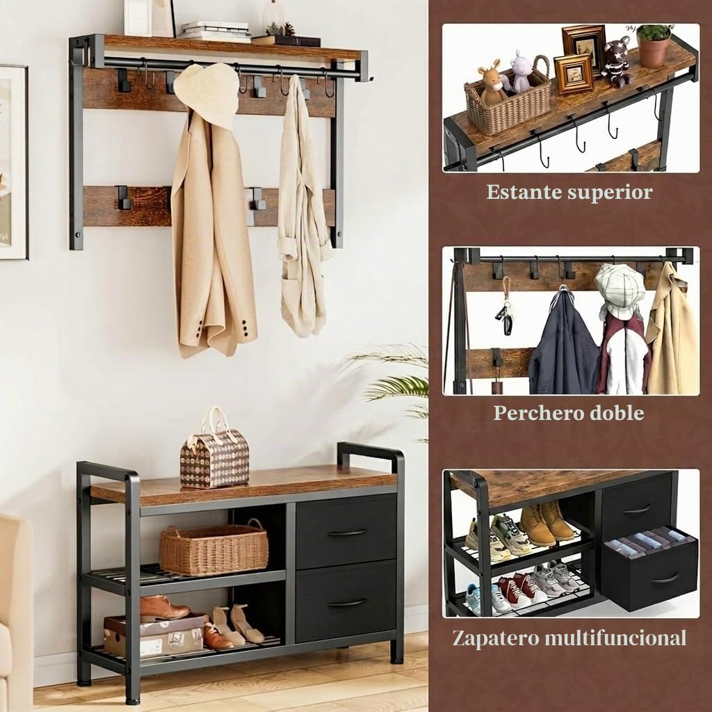 EGGREE Perchero Recibidor 6 en 1, Mueble de Entrada con 15 Ganchos Extraíbles, 2 Cajones, Banco Zapatero, Diseño Separable, Industrial, para Entrada Pasillo, 80 x 30 x 180 cm, Marrón Rústico y Negro