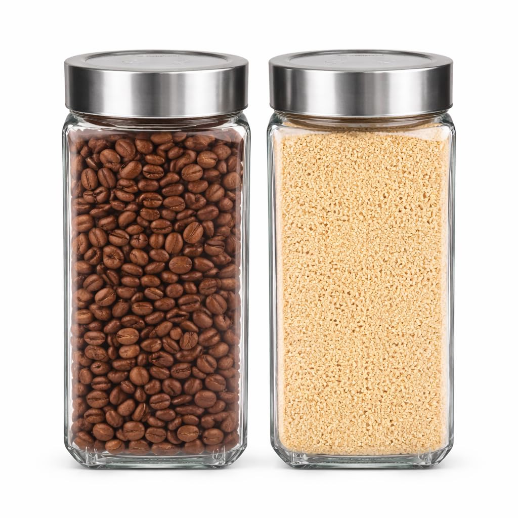 CROCO JAR Cubical Glass Jar, Big Containers For Kitchen Storage Glass Dry Fruits Jar Spices, Pickle, Grocery Grain Storage With Airtight Steel Lid - 1000 Ml (Pack Of 2) | Transparent