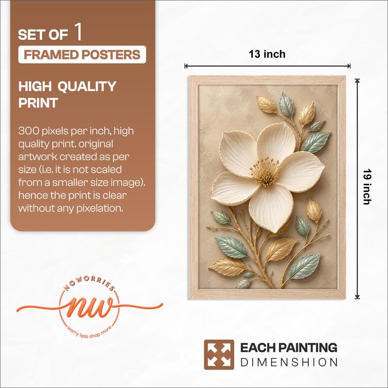 Image of NoWorries Floral Botanical Wall Painting with Frame | Premium Textured Flower & Leaf Artwork, Pastel Nature Wall Decor Framed for Living Room Bedroom Office and Home Decoration (Art-4,13x19inch)