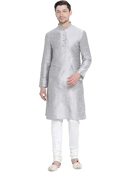 Men's Grey Silk Blend Kurta and Pyjama Set_VASMKGY001nPDWH_48