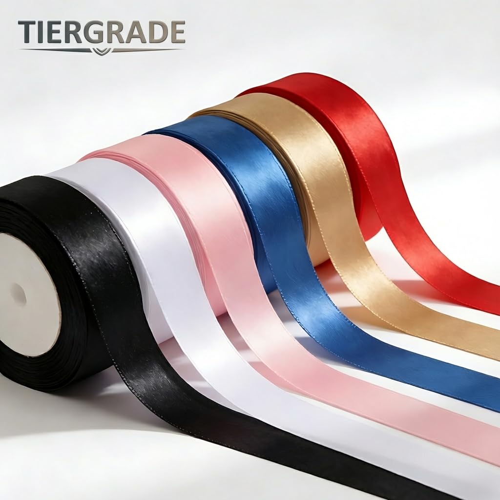 Satinband, sortiert, 25 mm x 48 Rollen (6 Farben, je 8 Rollen) – Weiß, Schwarz, Blau, Gold, Rosa, Rot – breites Stoffband Großpackung für Geschenkverpackung, Hochzeit, Urlaub, Basteln