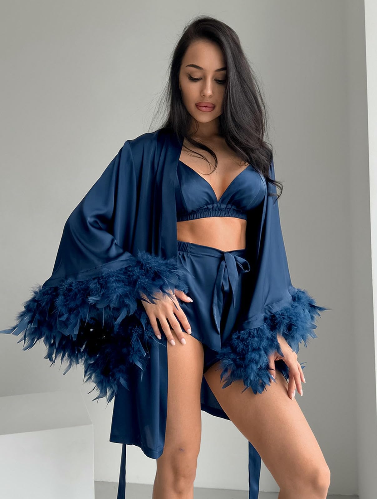 Pigiama da Donna Shorts Notturna Set A Tre Pezzi Imitazioni in Seta Abiti Casa Primavera E Autunnale-Nero-m