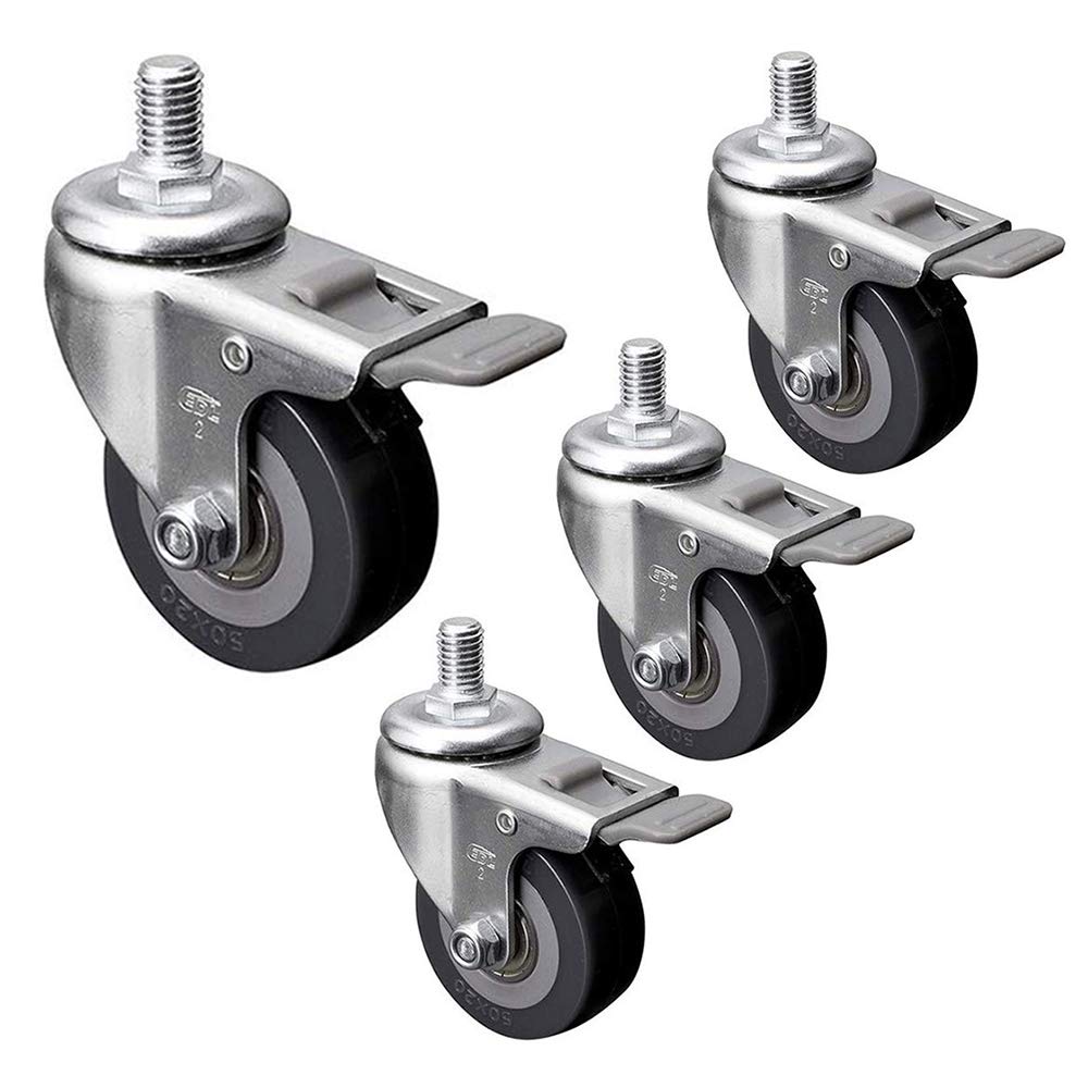 WQSQ Trolley Furniture Caster 50mm Rubber Swivel Castor Wheels M10 Threaded 360 Degree Rotating Replacement Casters Wheels with Brake 4pcs