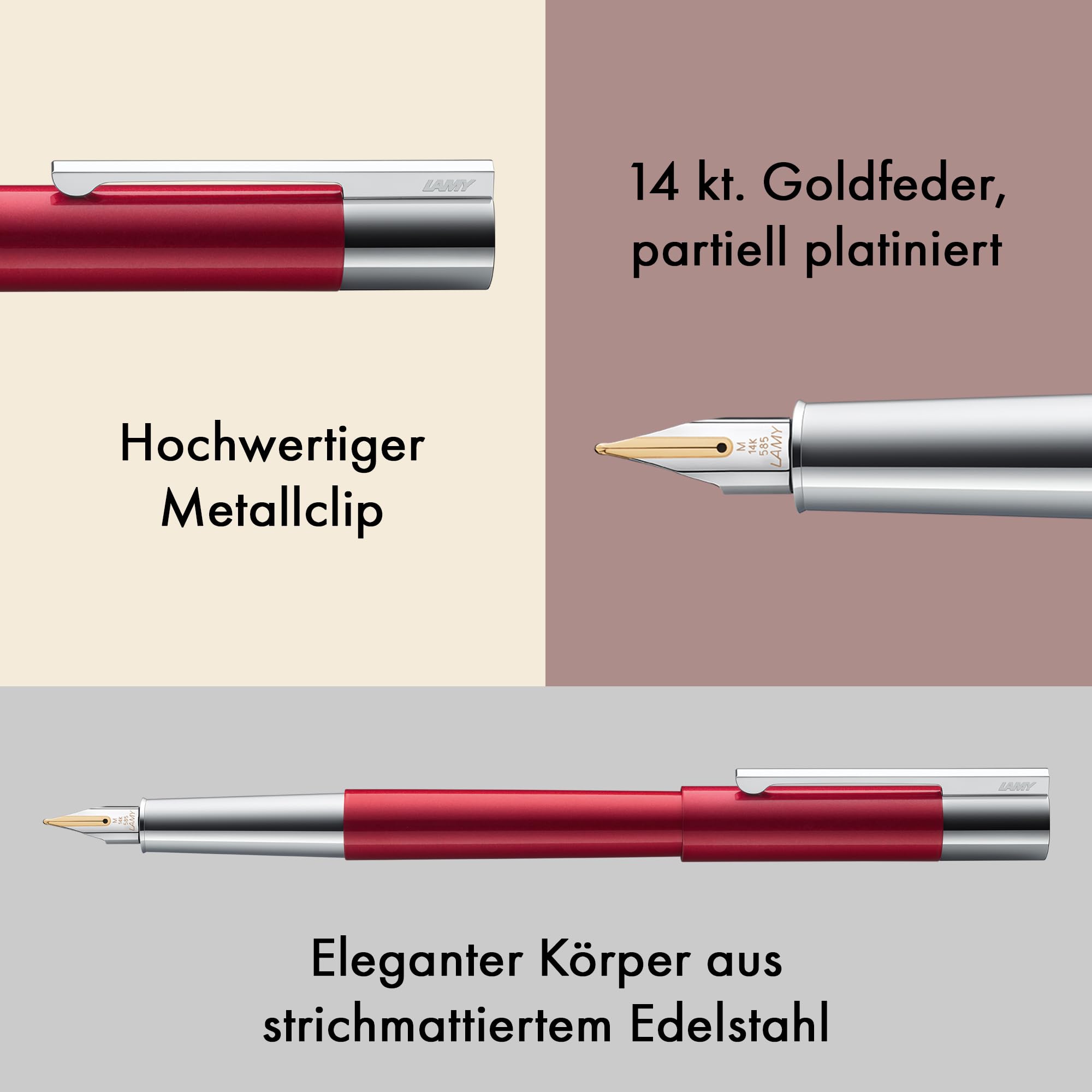 Lamy scala pianored Füller - puristischer Füllfederhalter in robustem Gehäuse aus Ganzmetall & Lack-Finish - 14kt.- Goldfeder in Strichbreite F - inkl. Tintenpatrone T 10 blau - Rechtshänder