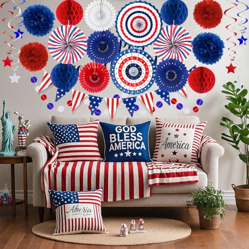 Image of 24 Pcs Patriotic 4th of July Decorations Kit, Paper Fans Pom Poms 8-16 in | Red white blue fans, pom poms, honeycomb balls, USA flag banner, swirls for 4th of July, Memorial Day, Independence Day decor