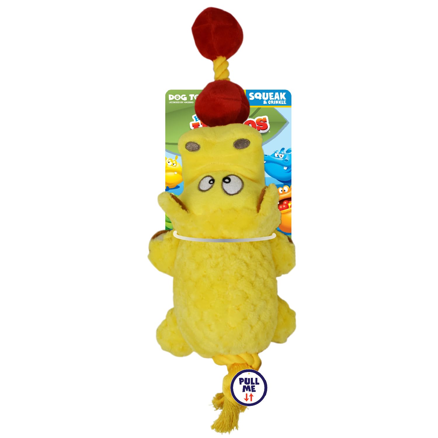 Hasbro Hungry Hungry Hippos Squeak and Tug Plush Dog Toy, 17-Inch Durable Toy for Dogs Yellow/Red