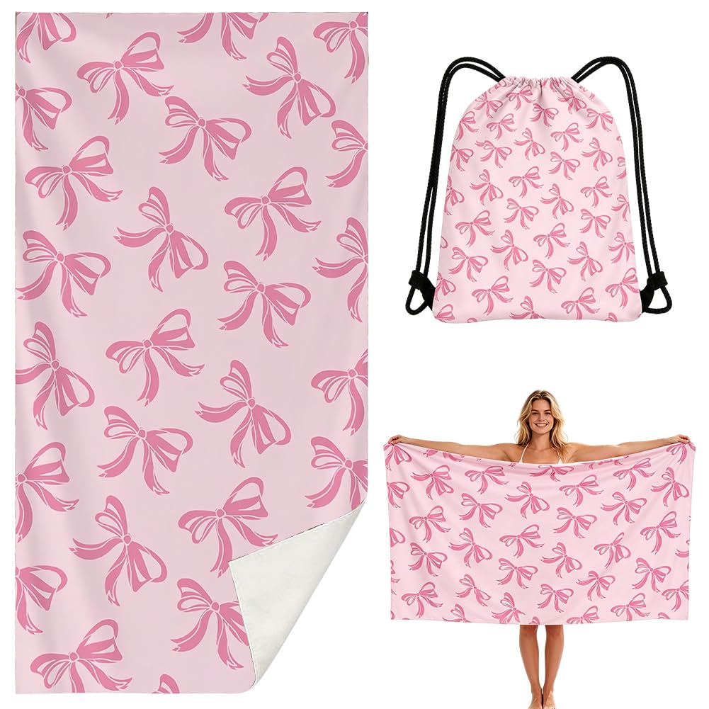 ZPSOSPZ 2-Piece Cherry Bow Beach Towel and Swimming Bag Set,MicrofibreQuick Dry Soft Lightweight Bathroom towels For Girls And Women,BathTowel For Swimming,Gym,Sauna,Pool,Travel -160×80 Cm (Pink2)