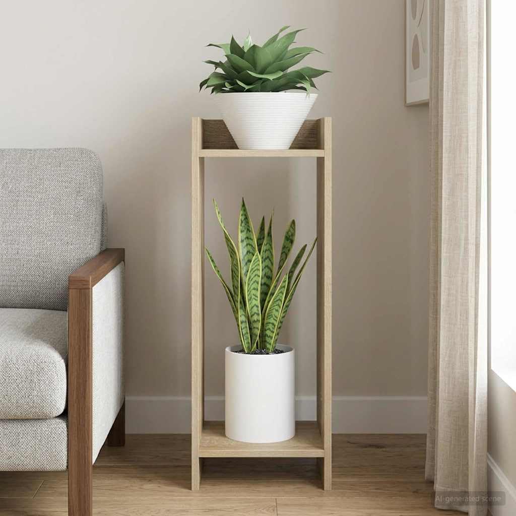 Soporte para plantas de roble Sonoma, 30 x 30 x 80 cm, columna para plantas de madera, moderno soporte para flores con 2 estantes para plantas de interior, soporte vertical para salón y