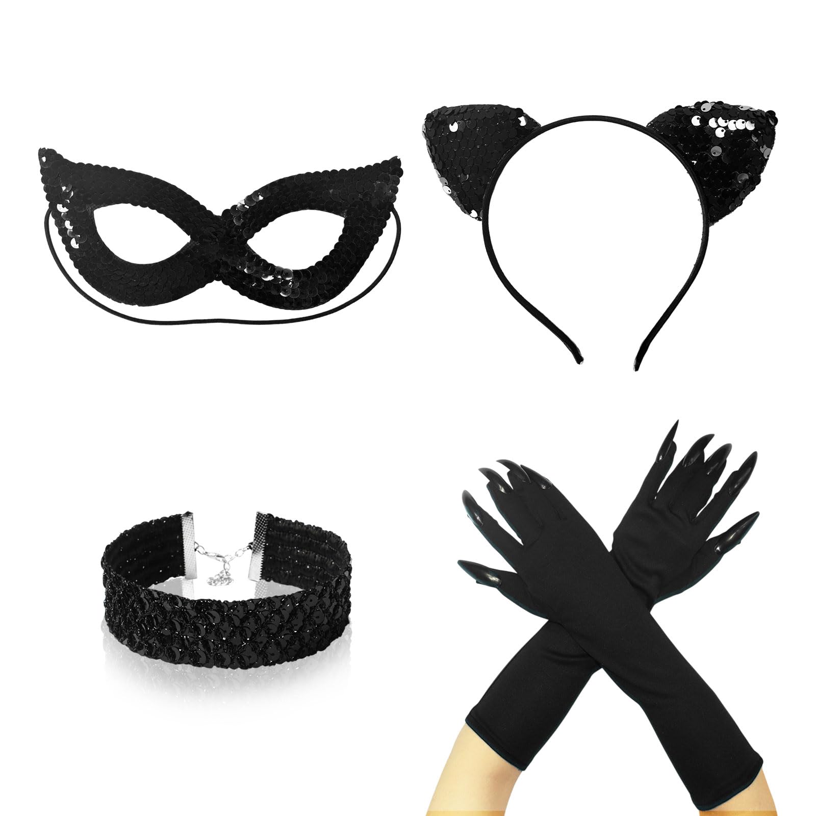 UILYNIU 4 Pcs Black Cat Costume for Women, Sequin Cat Ears Headband Cat Woman Mask, Choker Necklace Cat Claw Gloves, Cosplay Accessories for Adult Halloween Party Stage Show, One Size (Black)