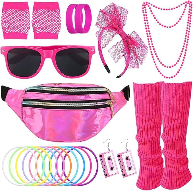 80s Fancy Dress Accessories Set for Women, 9Pcs Party Costume including Bumbag Leg Warmer Earrings Fishnet Gloves Necklace Eyeglasses Bracelet Headband, Retro Outfit for 80s Party Dress up (rose red)