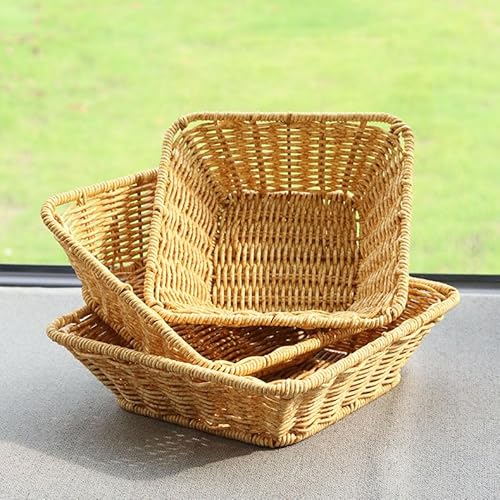 Jnilygo 3 PCS Poly-Wicker Bread Baskets, Woven Food Serving Baskets Trays, Rectangular Imitation Rattan Fruit Vegetables Serving Basket Holders for Home, Restaurant, Party (yellow)