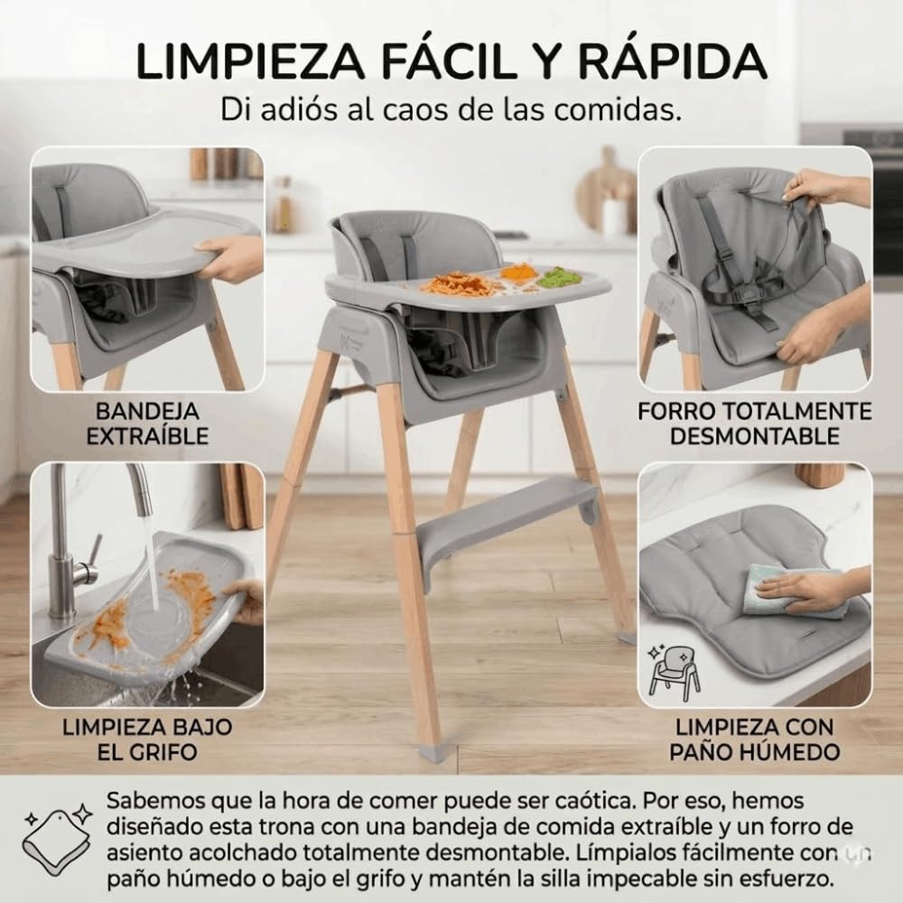 DEVESSPORT Trona 2 en 1 Plegable y Evolutiva (6 a 60 Meses) - Silla Alta Convertible con Montaje Sin Herramientas, Bandeja Extraíble, Cojín Lavable y Estructura de Acero Lacado - Gris