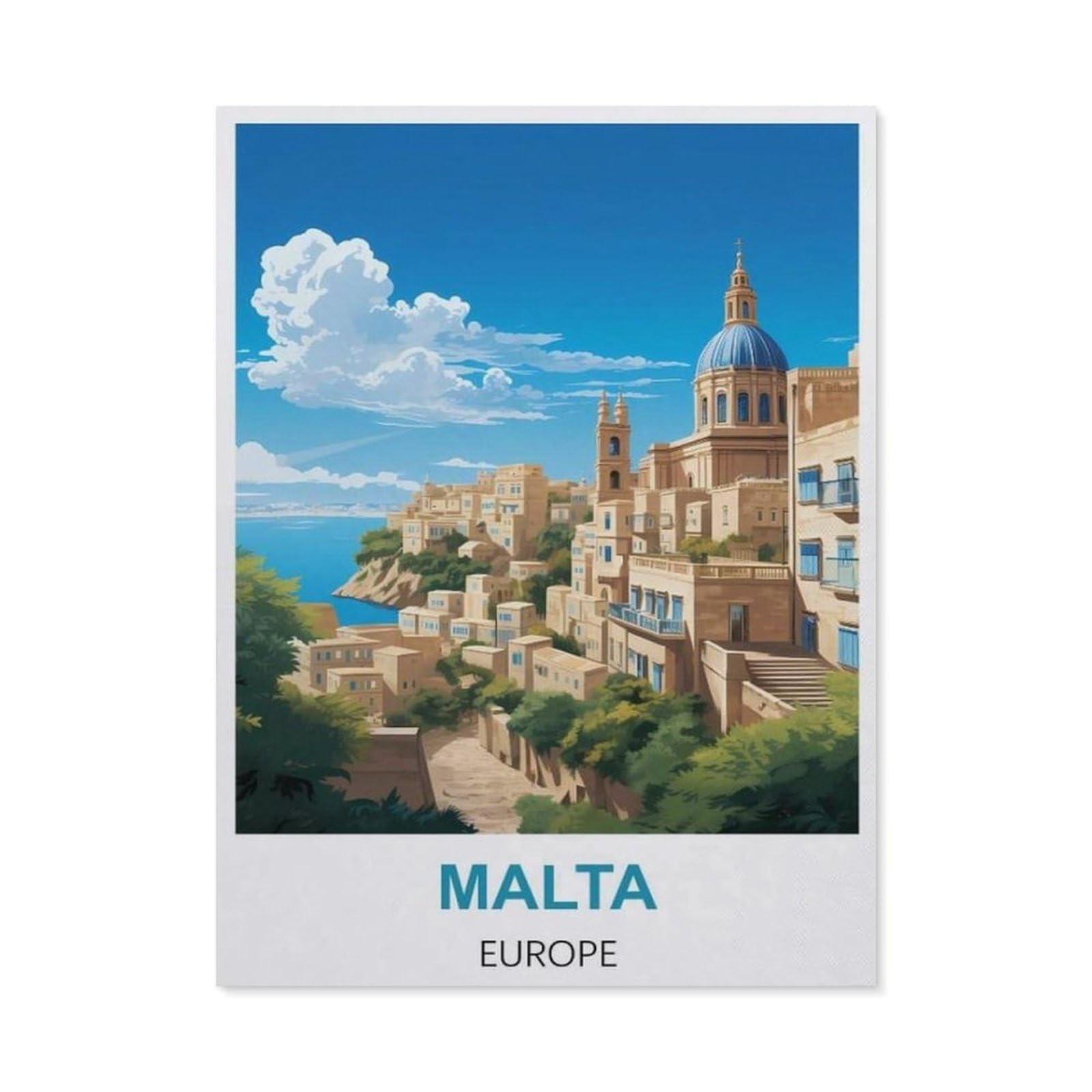 PGCKSK Malta Europe Vintage Travel Poster，5D DIY Diamond Painting Full Round Drill Diamond Embroidery Cross Stitch Rhinestone Mosaic Paintings Art(30 x 40 cm/11.81 x 15.74 inches)-BI75