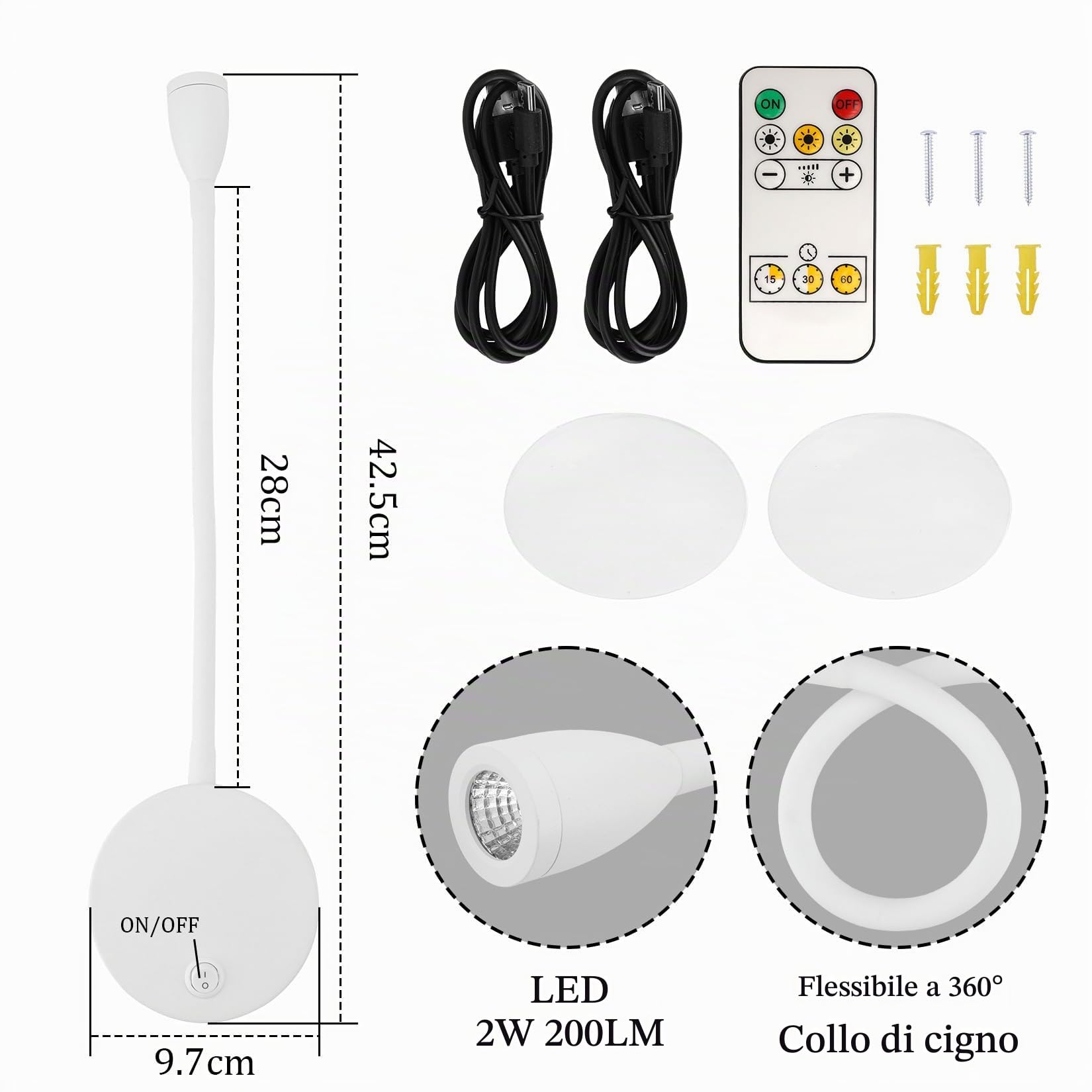 Klighten 2 Pezzi Lampada da Lettura Parete Senza fili Dimmerabile con Telecontrollo, Batteria 2W LED Luce da Lettura da Comodino, Faretto Lettura Ricaricabile USB, 200LM, 3000/4500/6000K, Bianco