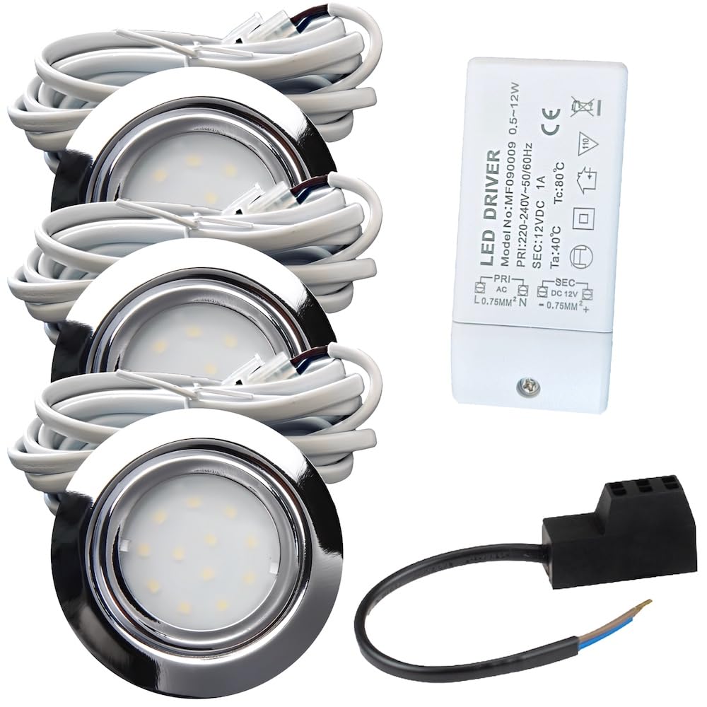 IP44 LED Möbeleinbauleuchte 12V flach 3 x 2,4W Möbelspot New Lina 200lm Chrom inkl. LED Trafo und AMP Verteiler 3000K Warmweiß Lochausschnitt: 55 bis 60mm