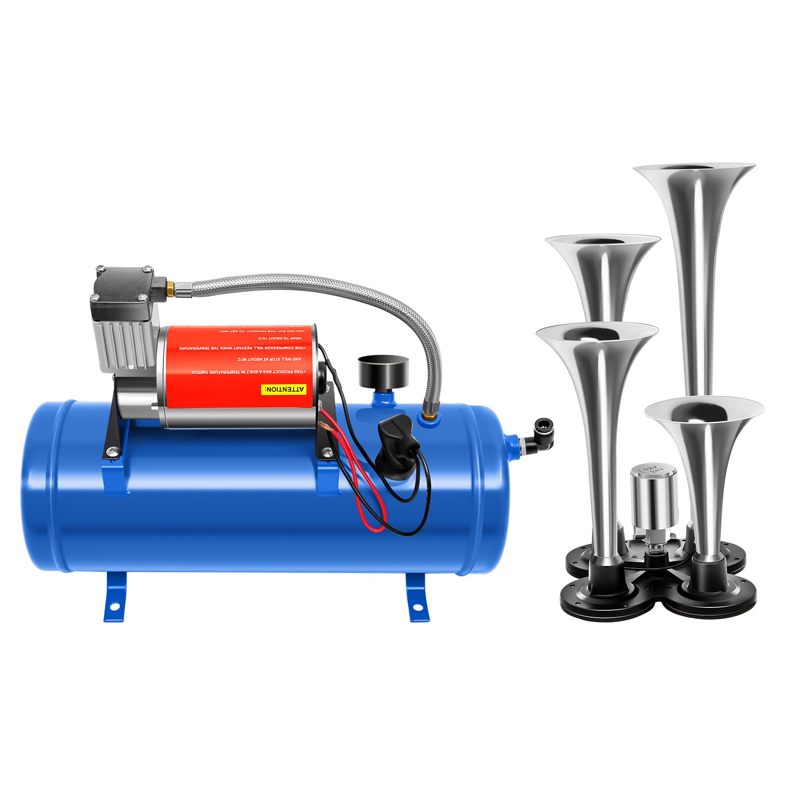 Compressore d'aria da 150 dB, 12 V, 4 Trumpet Train Air Horn Kit e compressore d'aria da 150 PSI con serbatoio da 6 l, per auto, camion, treno, furgoni, barche, blu