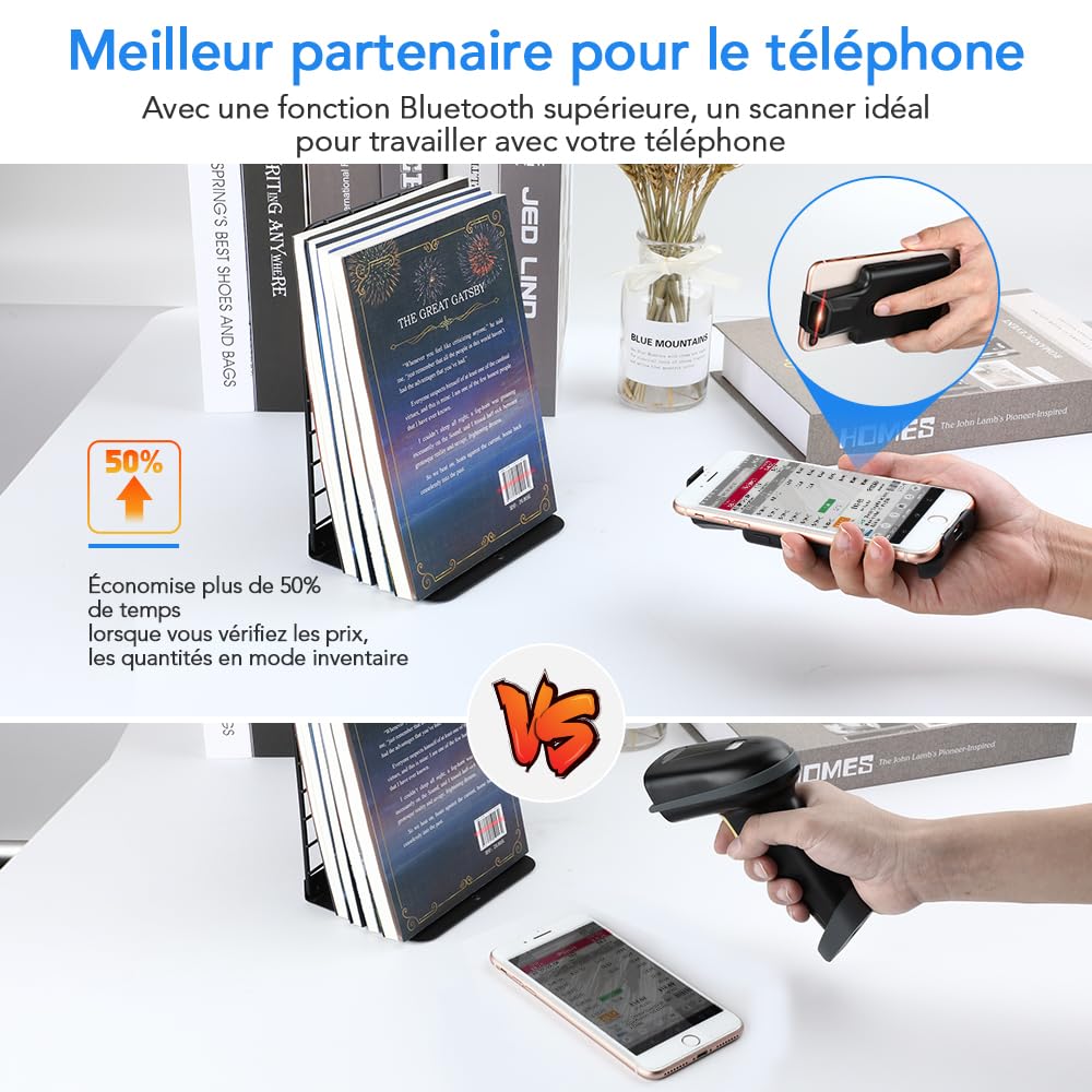 Eyoyo QR Code Scanner Bluetooth Android Barcode Scanner, Portable Back Clip sans Fil 1D 2D UPC ISBN, Lecteur de Code-Barres d'inventaire, Compatible avec iPhone, téléphone Android