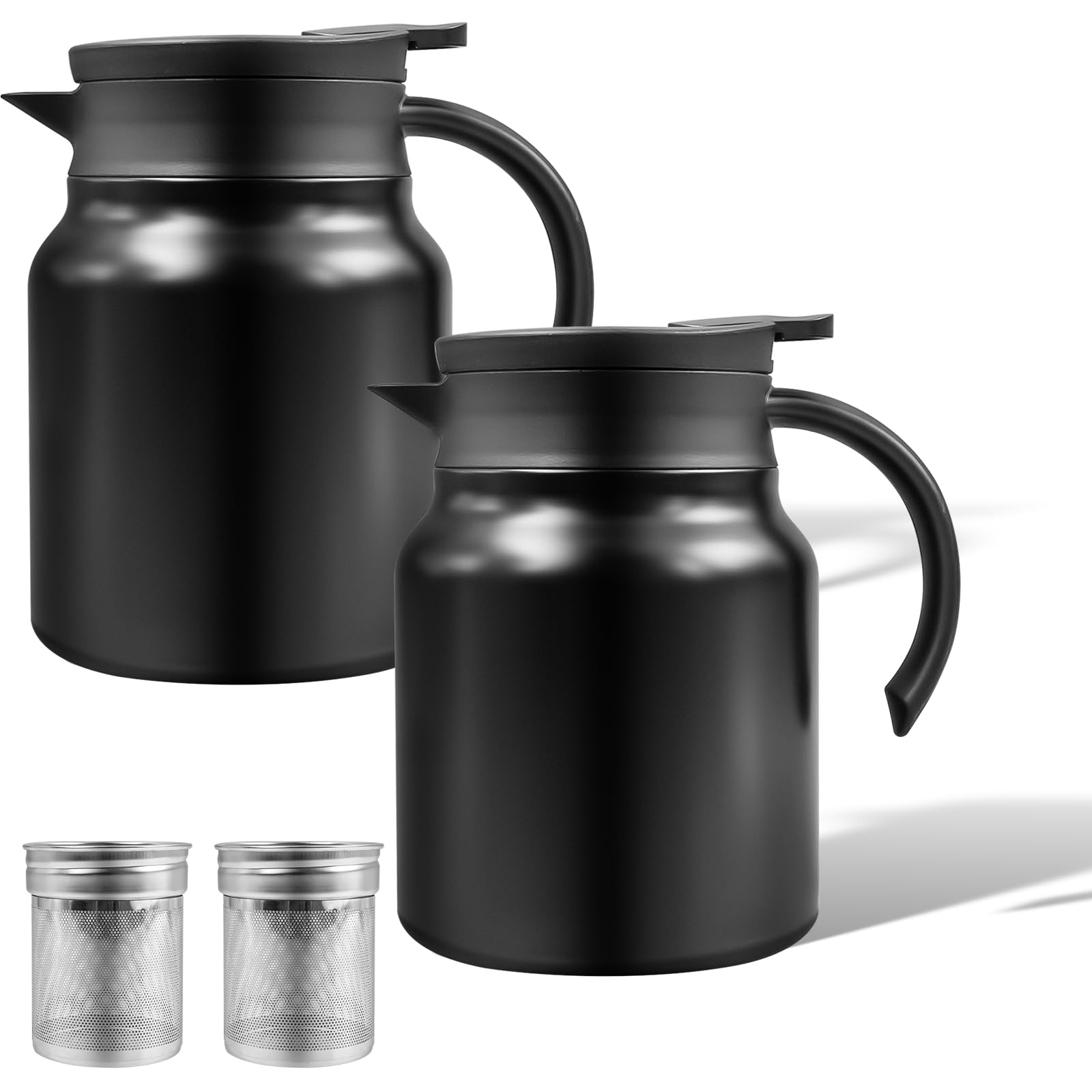 Juego de 2 jarras isotérmicas de café de 1 litros – Cafeteras de acero inoxidable de doble pared con filtro extraíble – Teteras de aislamiento al vacío – negro mate
