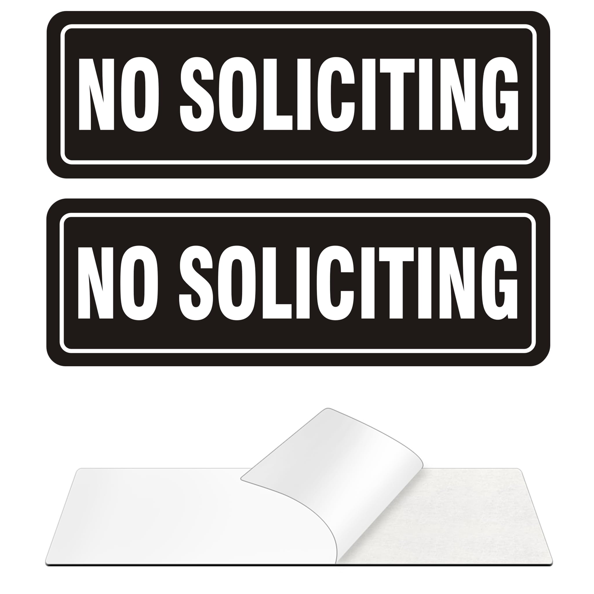 No Soliciting Sign for Front Door, (2 Pack) Self-Adhesive Aluminum Metal No Solicitation Signs for House Home and Business (9" x 3", Black/White)