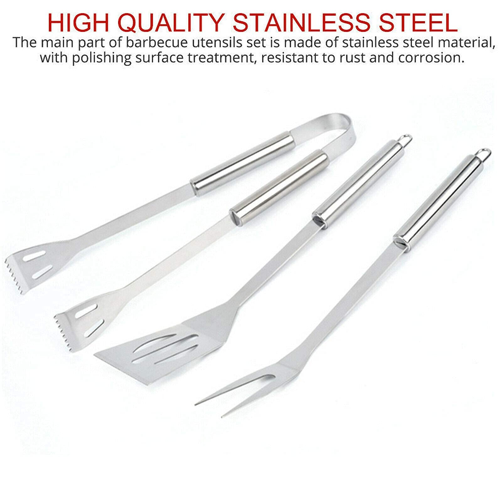 Juego de herramientas para barbacoa de acero inoxidable resistente, 3 piezas, juego de pinzas para barbacoa (espátula, tenedor, pinza) con estuche de almacenamiento portátil duradero, utensilios princ