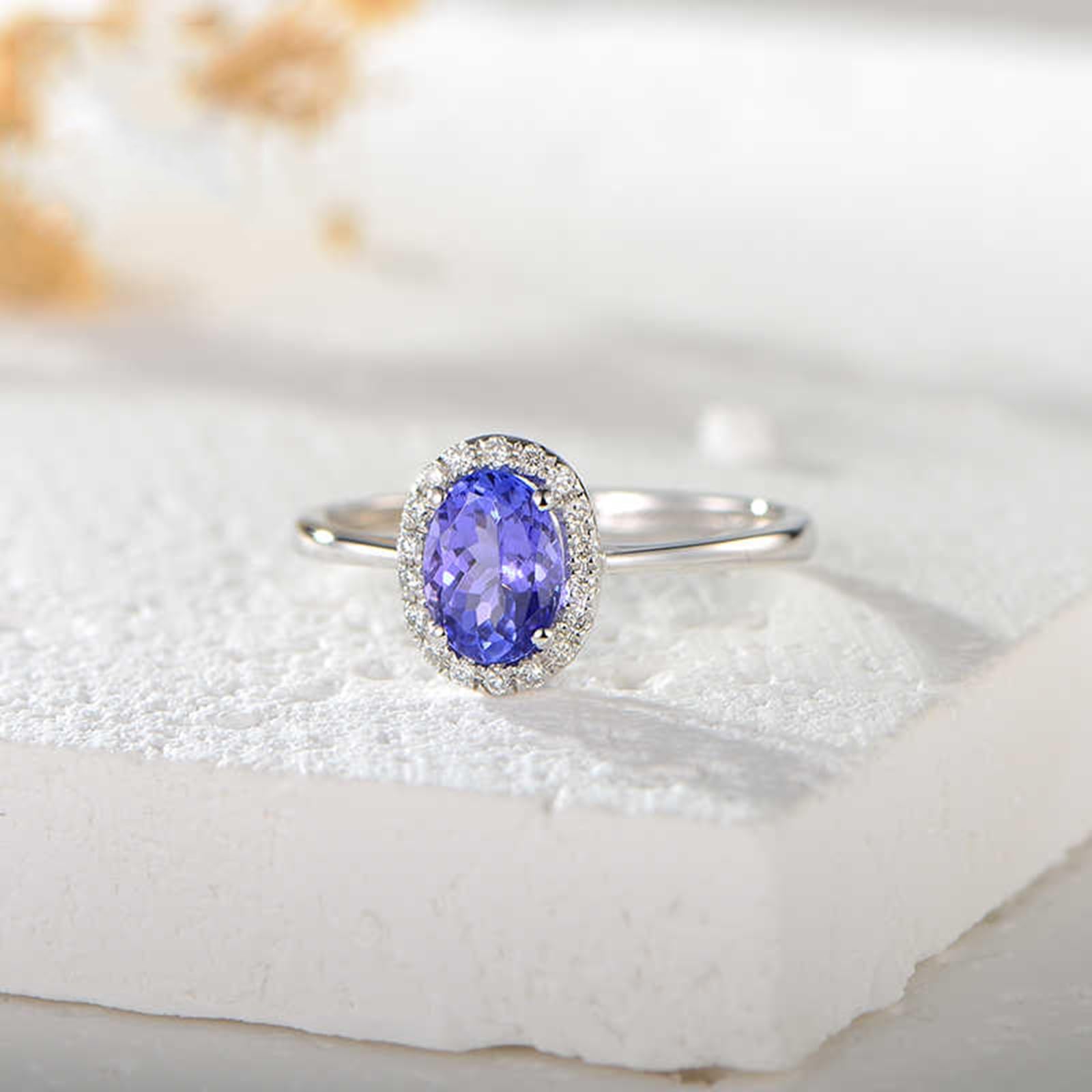 Oro Bianco Elegante Anello di Fidanzamento da Donna con Tanzanite Ovale da 0,9 ct e Diamante