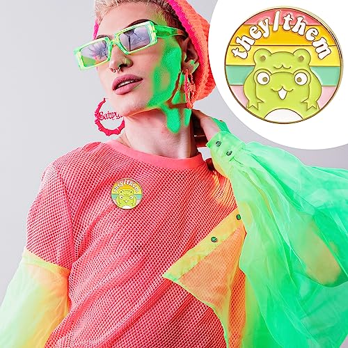 Image of LGBTQ Pronouns Cute Frog Pin - Gender Identity Bulk Pins for Pride Parade or Daily Wear - They /Them (Free 1pc Pride Sticker Included)