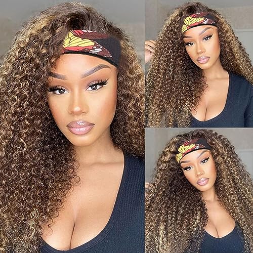 Image of Headband Wig Human Hair Kinky Curly for Black Women 16 Inch Ombre Highlight
