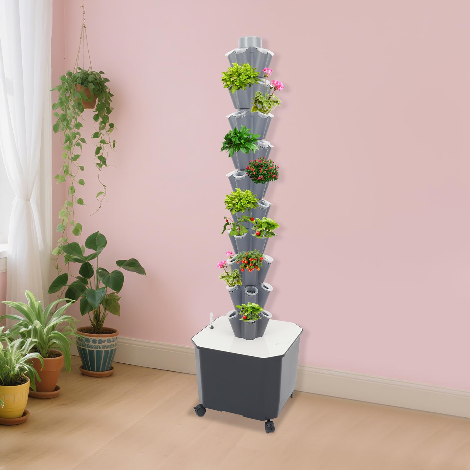 50 Löcher Hydroponic Tower, 10 Etagen Tower Growing System Kit, Hydroponisches Anbausystem mit Hydratationspumpe und 4 Rollen, Garten Hydroponischer Turm mit 40L Wassertank für Obst/Gemüse (Grau)