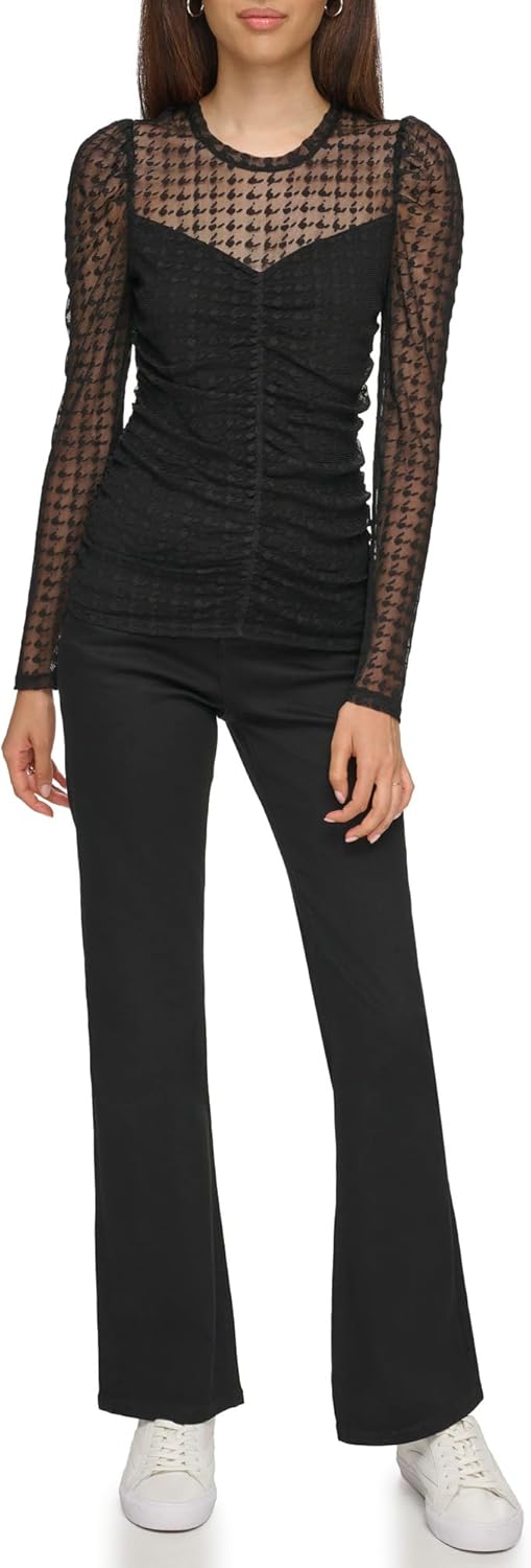 KARL LAGERFELD Womens Houndstooth Mesh Long Sleeve Blouse