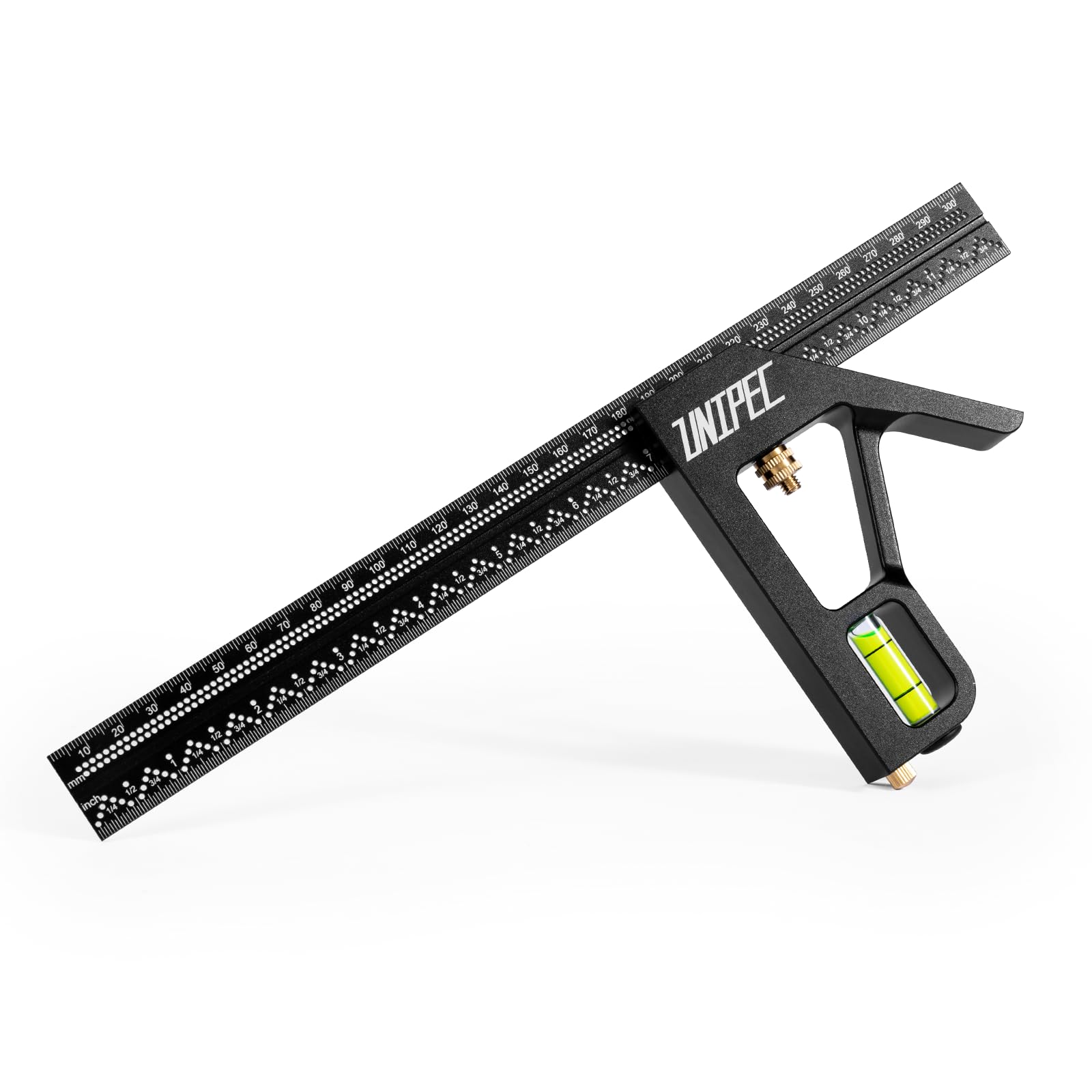 UNIPEC Combination Angle Square, 12-Inch Metric & Inch Ruler with Horizontal Bubble Level, 1mm and 1/16" Hole Spacing, Precision Multi-Purpose Measuring Tool for Woodworking & Metalworking