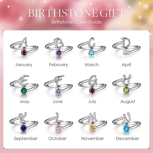 Miniatura 7 de AILAAILA Anillo ajustable de letra inicial de la A a la Z Anillos de piedra natal de 1 a 12 meses para niñas y mujeres Anillo apilable