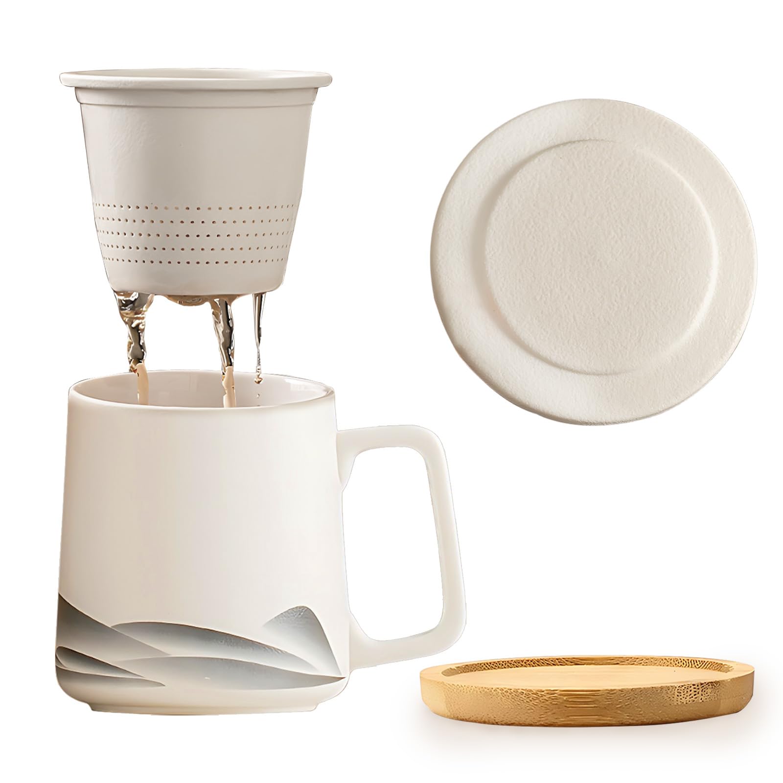 Générique Tasse à Thé avec Couvercle Et Filtre, en Céramique pour Infuser Le Thé en Vrac, Dune Capacité De 360 ​​ML, émail Noir Mat Fait Main, Idéale pour Offrir (White)