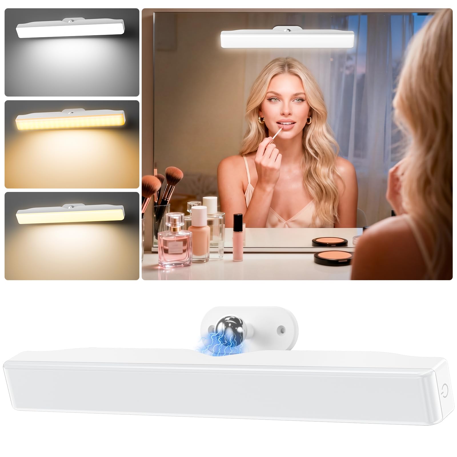 Lamparas Sin Cables Led Luces Tocador, 4000mAH Recargable Luces Espejo Maquillaje con Color y Brillo Ajustables, Extraíble 360° Giratorio Lampara Baño para Espejo de Baño Tocador