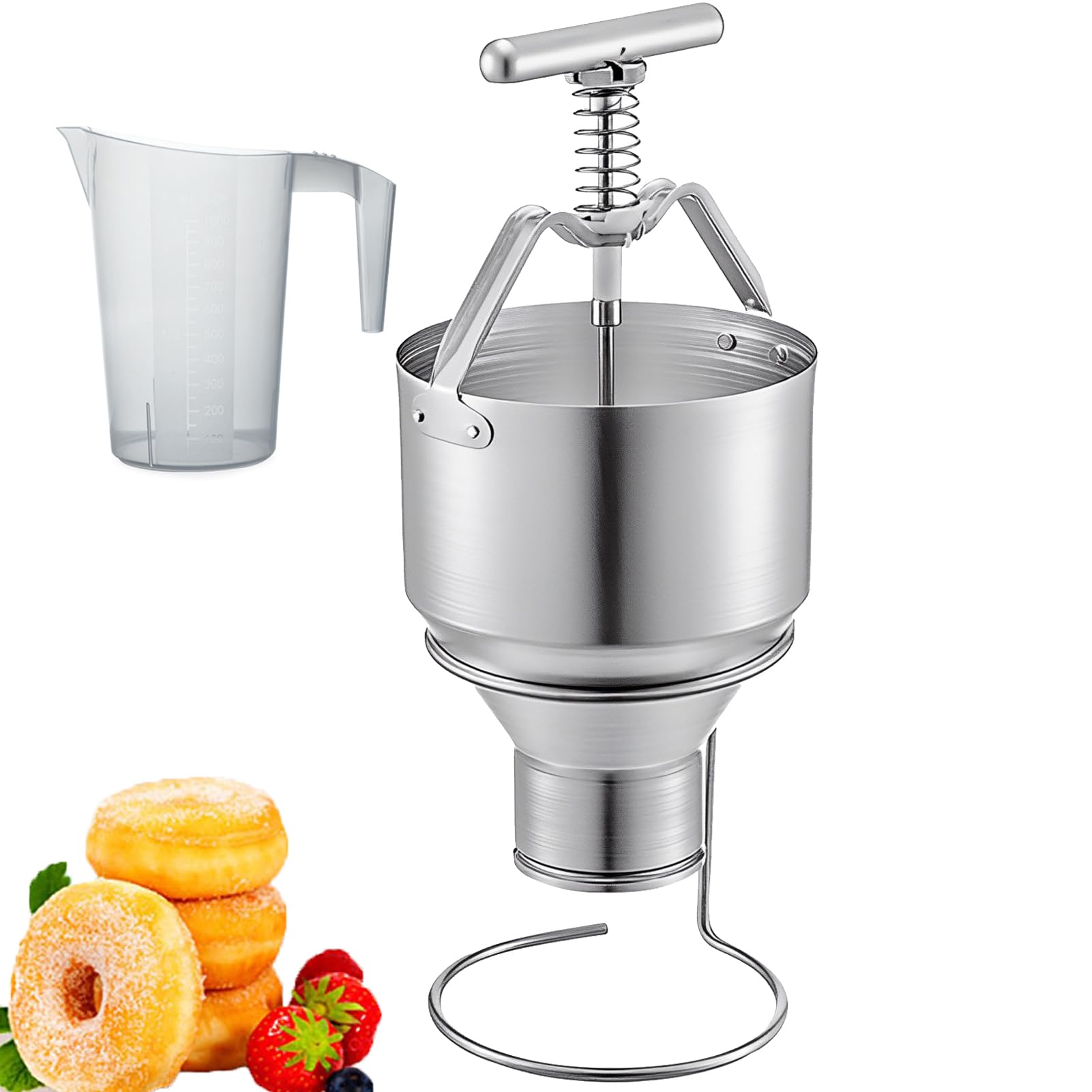 Dispensador de masa para donas y gofres, capacidad de 5 litros con ancho ajustable, incluye taza medidora de 2 L y soporte para control de porciones en cocina casera