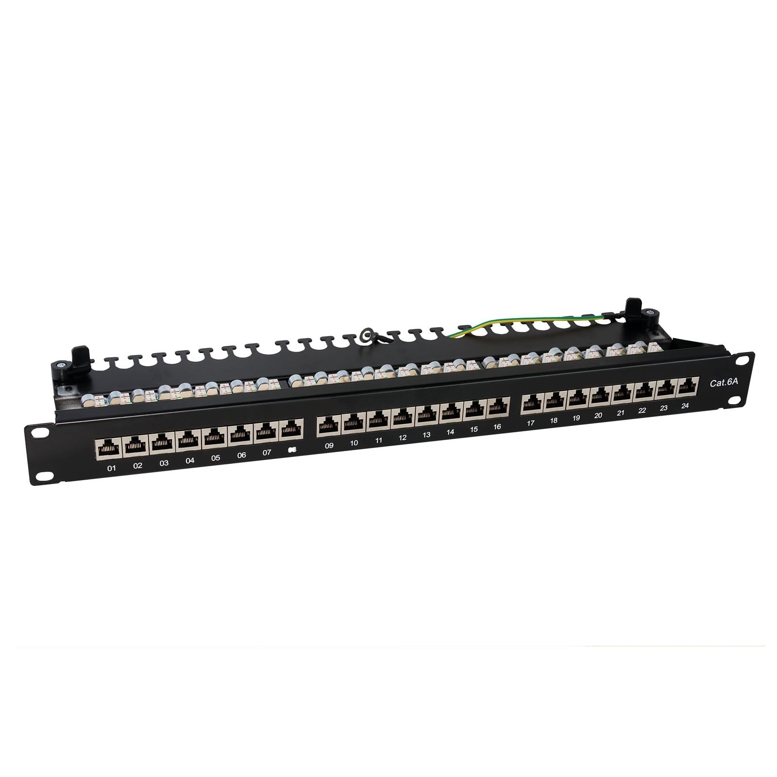 Patchpanel 24-Port CAT 6A I Patchfeld 19 Zoll Rackeinbau | Anschluss Front über RJ45 Buchse I Anschluss Rückseite über LSA+ I vollgeschirmt I TIA568A TIA568B I Schwarz