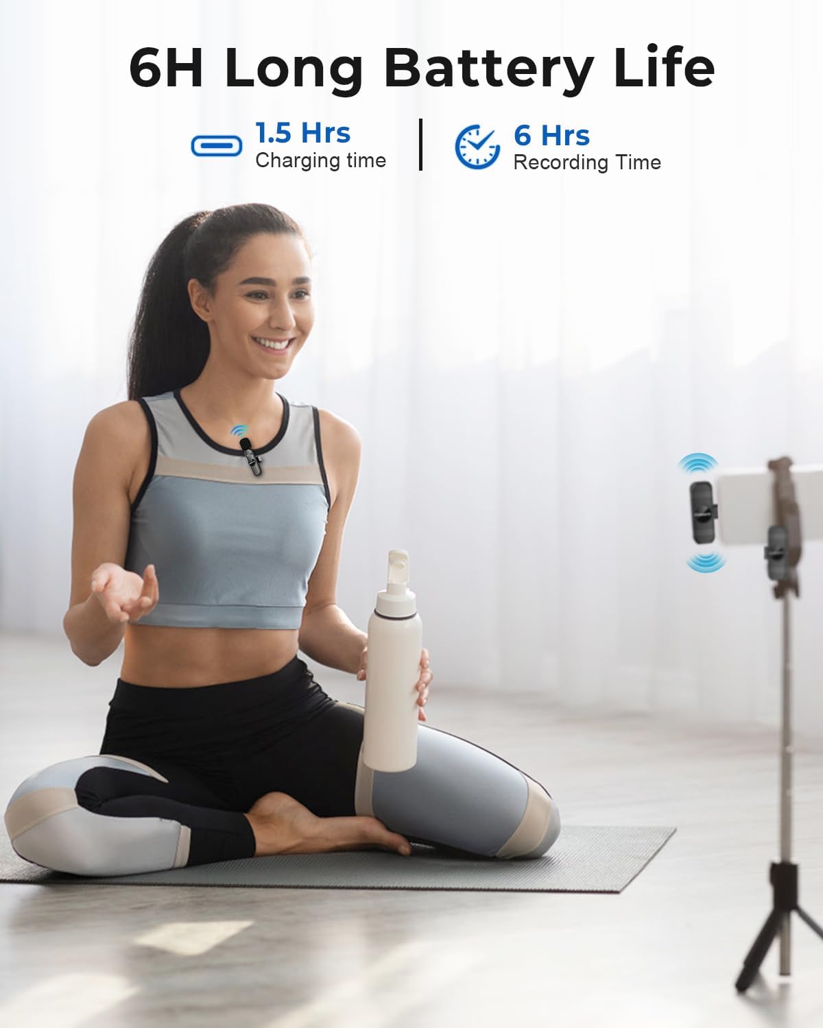 Woman recording with GRENARO microphone, showing 6 hours battery life and 1.5 hours charging time