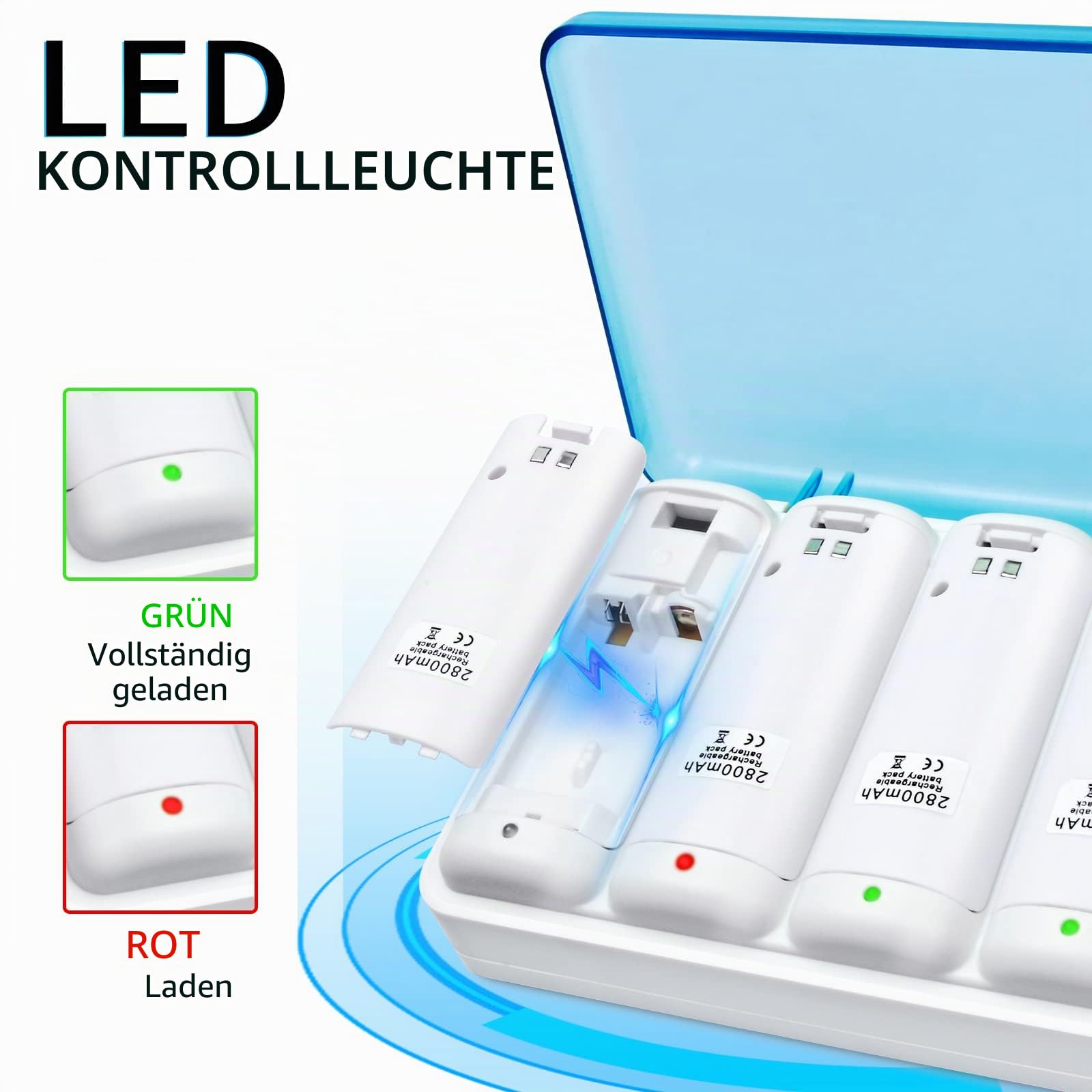 TechKen Wii Akku Ladegerät Set Wii Remote Controller Ladestation | Docking Station Wii Charger Mit 4 x2800MAH Akkus Wiederaufladbaren