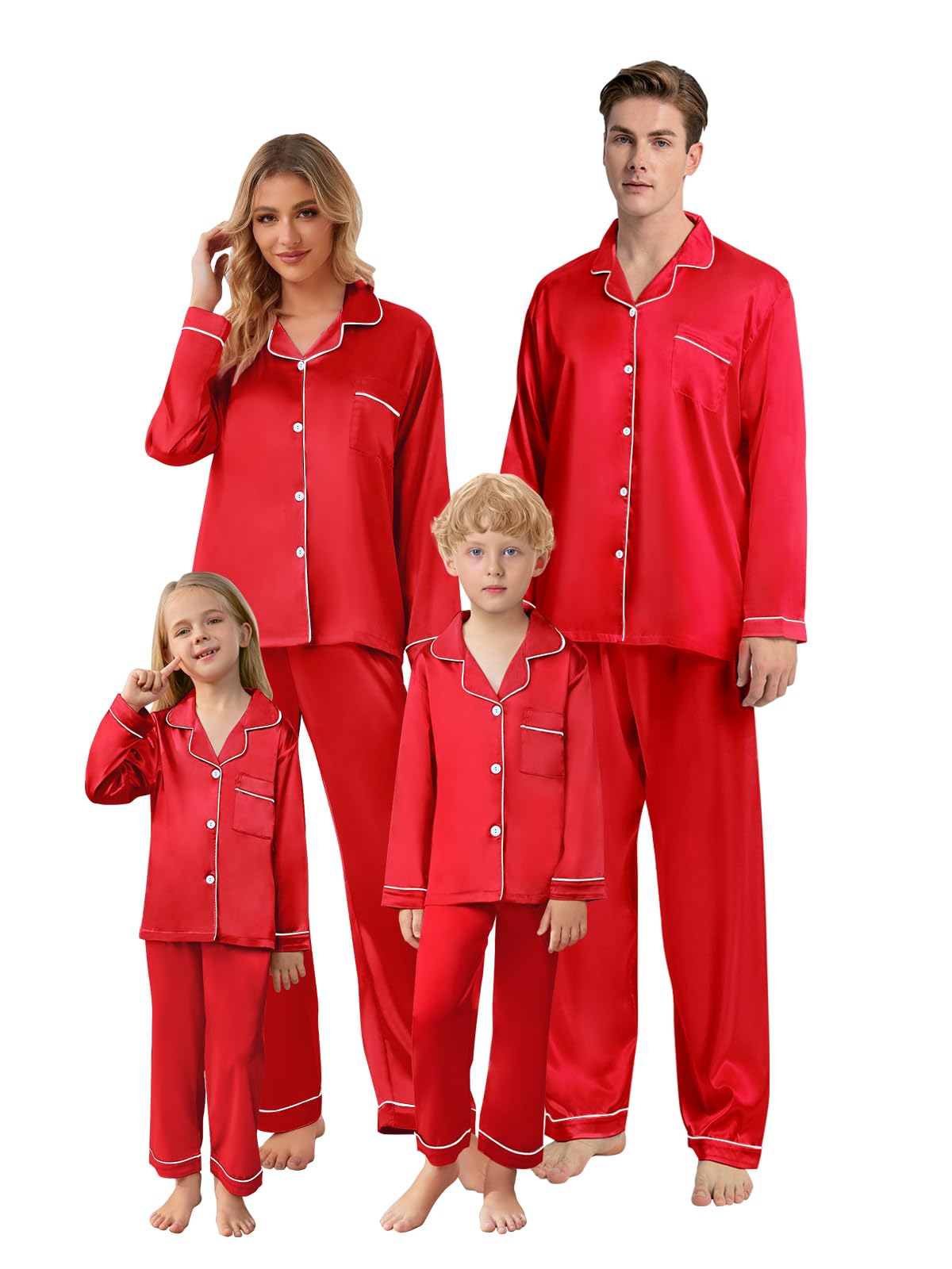 Family Matching Silk Pajamas Set Satin Long Sleeve Button Up Sleepwear Pj Set, S Red Men, US M, S Red, Medium-image-5