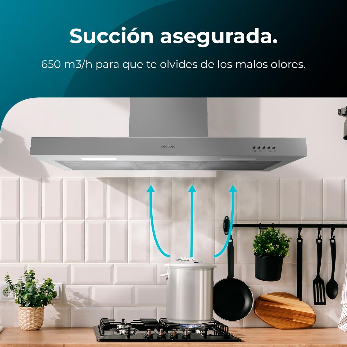 Cecotec Cappa aspirante 90 cm Bolero Flux TM 906500 Inox A. Motore 165 W, decorativo con finitura inox, aspirazione 650 m3/h, controllo meccanico, 3 livelli di potenza, luce e filtro al carbonio