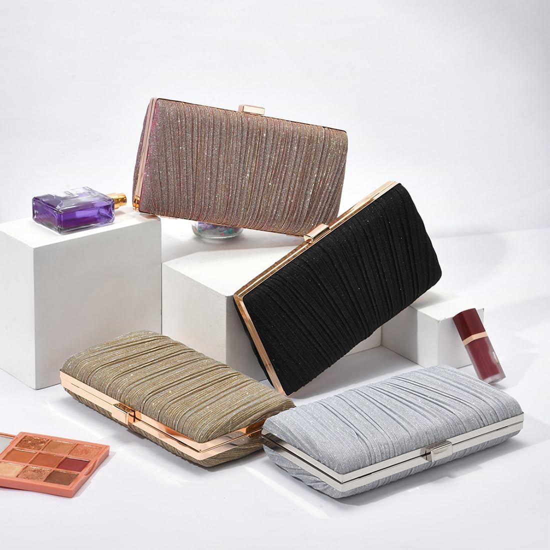 Pahajim Pochettes et Clutches Femme Pochette Ceremonie Mariage Petit Sac a Main Chaine Pochette Soiree Femme Chic Sac Paillettes avec Bandouliere (Or Rose)
