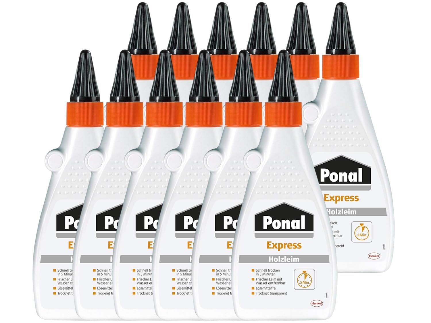Ponal Express Holzleim, transparent und schnell trocknender Holzkleber für vielseitige Verleimungs- & Bastelarbeiten, wasserfester Leim in praktischer Flasche, 10x550g