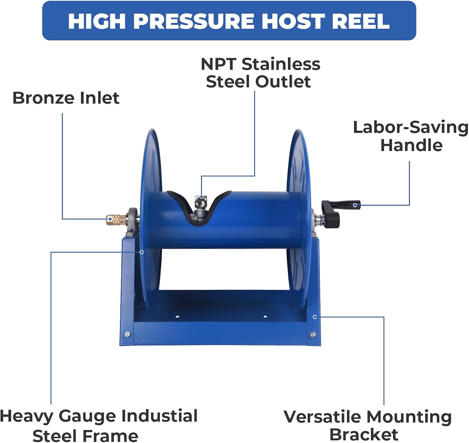 4000 PSI Hand Crank Steel Air Hose Reel, Holds 1/2" x 225' Hose, Fits Air Compressor, Pressure Washer (Hose Not Included)