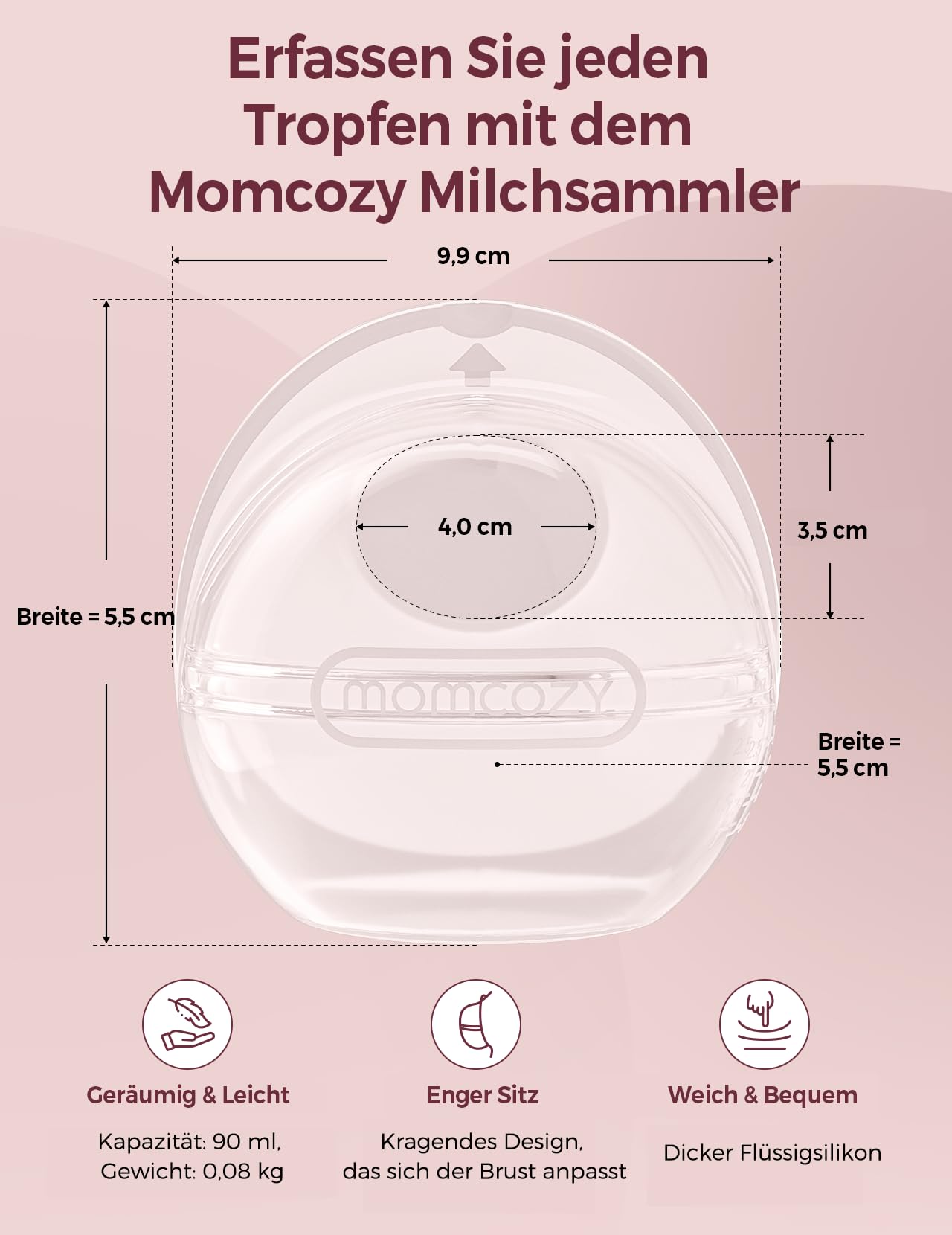 Momcozy 90 ml Milchauffangschalen Stillen, Auffangschale muttermilch für Stillen, Wederverwendbare Milch Auffangschalen, Milchsammler, Silikon-Auffänger mit besserer Passform & weicher, 2 Stück