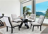 Vista 7 de BOWERY HILL Mesa de comedor redonda de vidrio templado contemporáneo de 52 pulgadas y base de madera maciza con patas cruzadas, requiere montaje