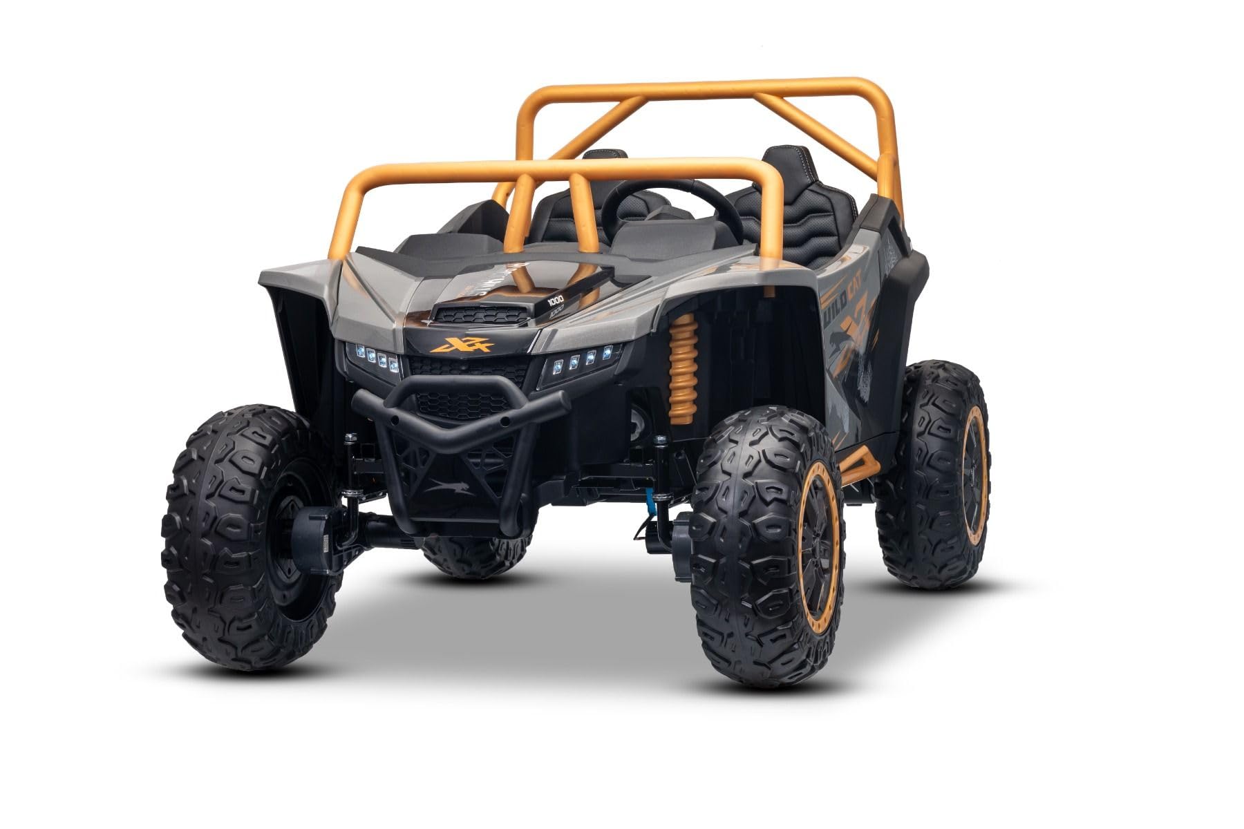 Buggy elettrico Artic CAT XXL 4x4 24V, grigio, due posti, ruote in EVA morbida, motori potenti, batteria al litio, lettore MP3 con Bluetooth, sospensioni posteriori, sedili in ecopelle, con licenza