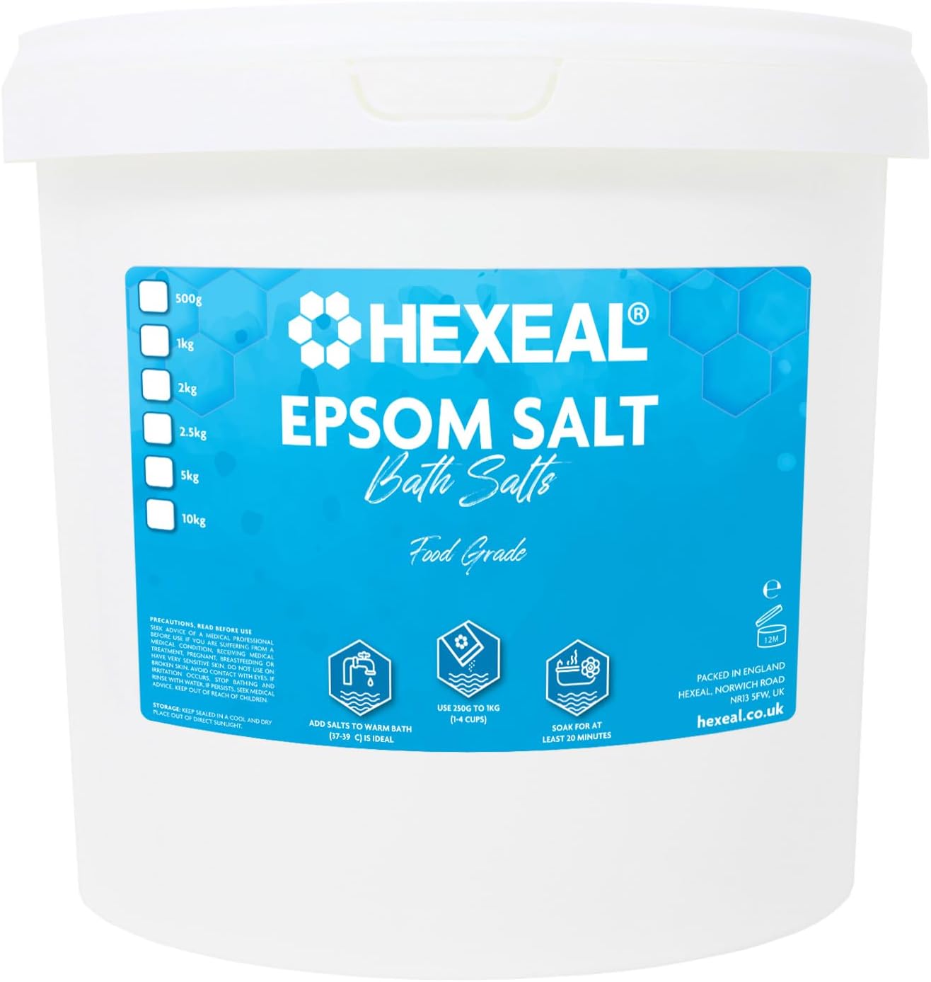Hexeal Epsom Salt 5kg – 5kg Bucket of Food Grade Magnesium Sulphate for Bathing, Gardening & Household Use – Suitable for Personal Care, Soil Enrichment, and More