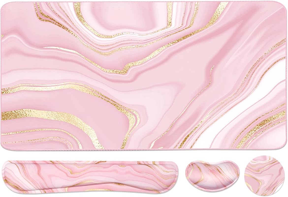 Keyboard Mouse Pad Set, Extended Mouse Pad+Keyboard Wrist Rest Support, Memory Foam Ergonomic Easy Typing, 3Pcs (35.4×15.7 in) Desk Pad Set for Home Office Study Game- Pink Gold