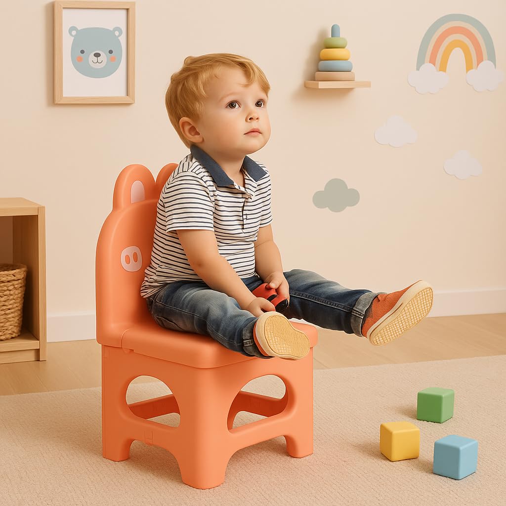 Nabhya Plastic Kids Chair with Cute Animal Design β Foldable, Lightweight & Durable Toddler Seating Chair for Playroom, Study, Nursery, Dining and Preschool Use (Orange) 2